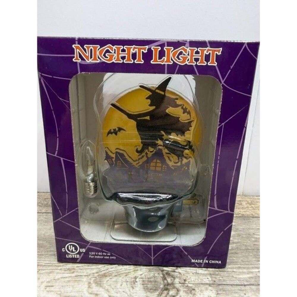 Halloween Night light Witch on Broom Flying Over House - Moon Wall Mount Plug In